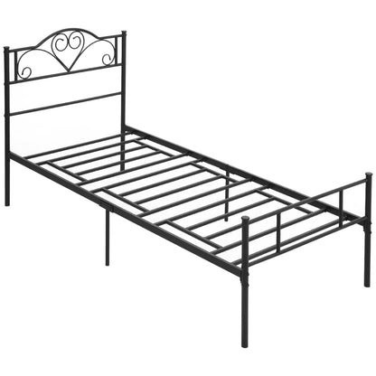 Single Bed Frame in Steel 95x211x106cm, Integrated Slats, Headboard and Footboard, Underbed Storage, Black