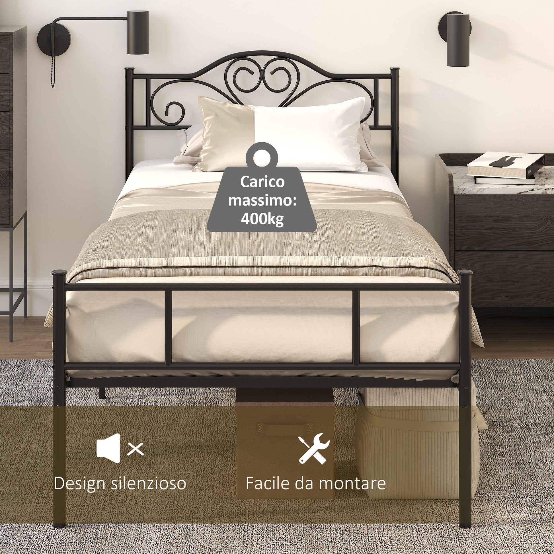 Single Bed Frame in Steel 95x211x106cm, Integrated Slats, Headboard and Footboard, Underbed Storage, Black