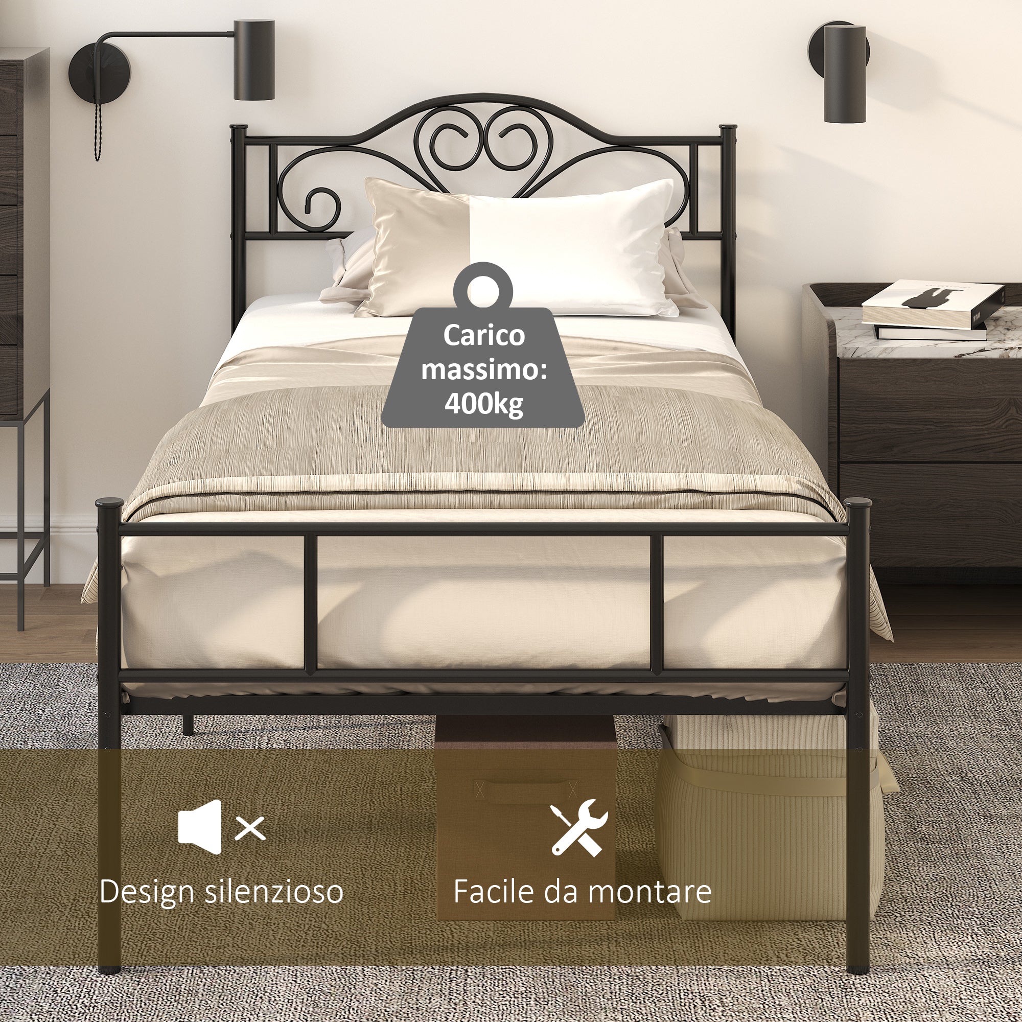 Single Bed Frame in Steel 95x211x106cm, Integrated Slats, Headboard and Footboard, Underbed Storage, Black
