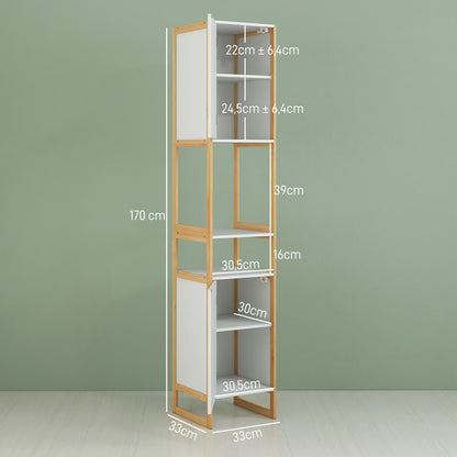 Bathroom Cabinet Tall Cabinet with 2 Open Shelves and 2 Cabinets Adjustable Shelf Push-Door Opening Bamboo dim. 33L x 33W x 170H cm White
