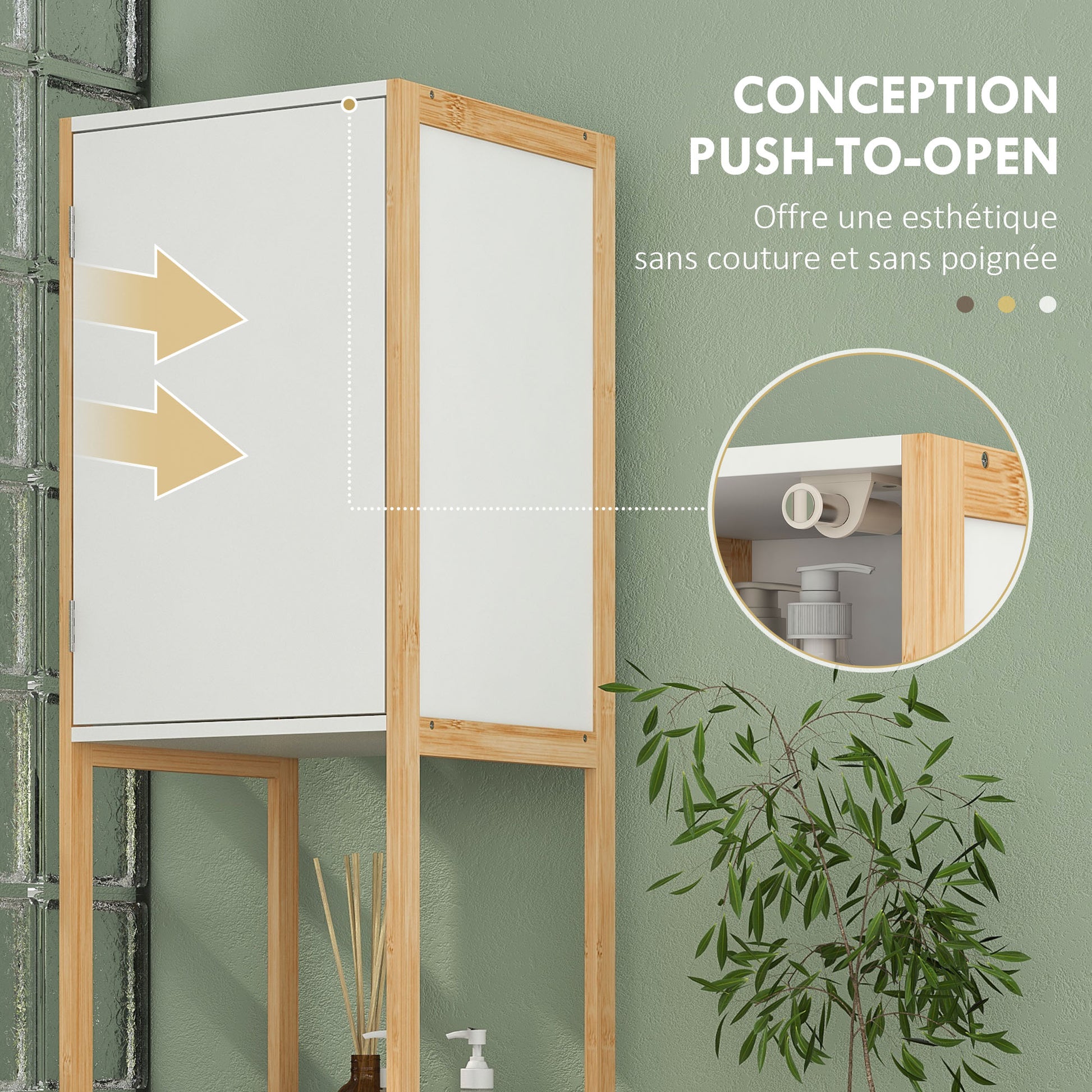 Bathroom Cabinet Tall Cabinet with 2 Open Shelves and 2 Cabinets Adjustable Shelf Push-Door Opening Bamboo dim. 33L x 33W x 170H cm White