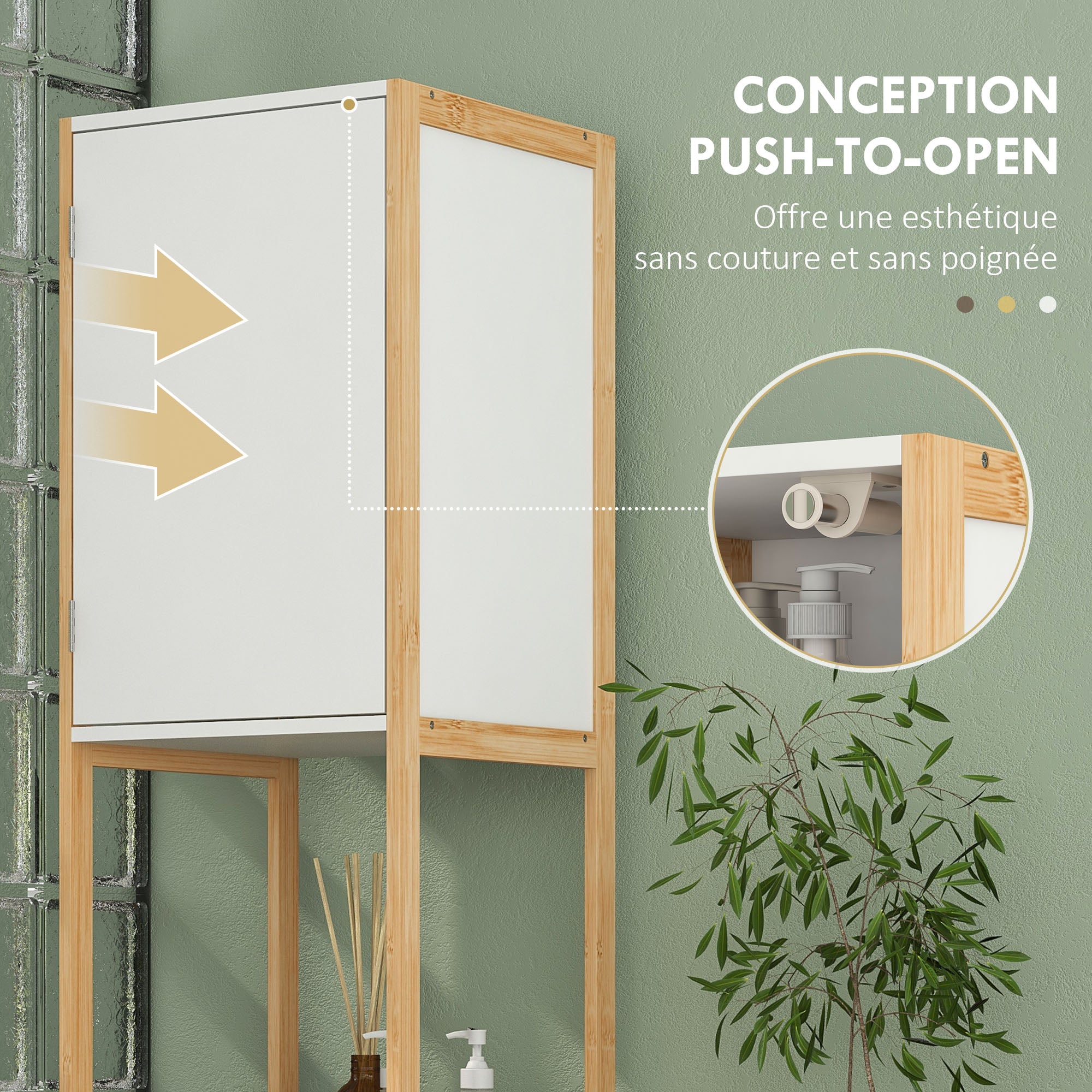Bathroom Cabinet Tall Cabinet with 2 Open Shelves and 2 Cabinets Adjustable Shelf Push-Door Opening Bamboo dim. 33L x 33W x 170H cm White