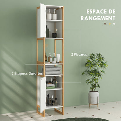 Bathroom Cabinet Tall Cabinet with 2 Open Shelves and 2 Cabinets Adjustable Shelf Push-Door Opening Bamboo dim. 33L x 33W x 170H cm White