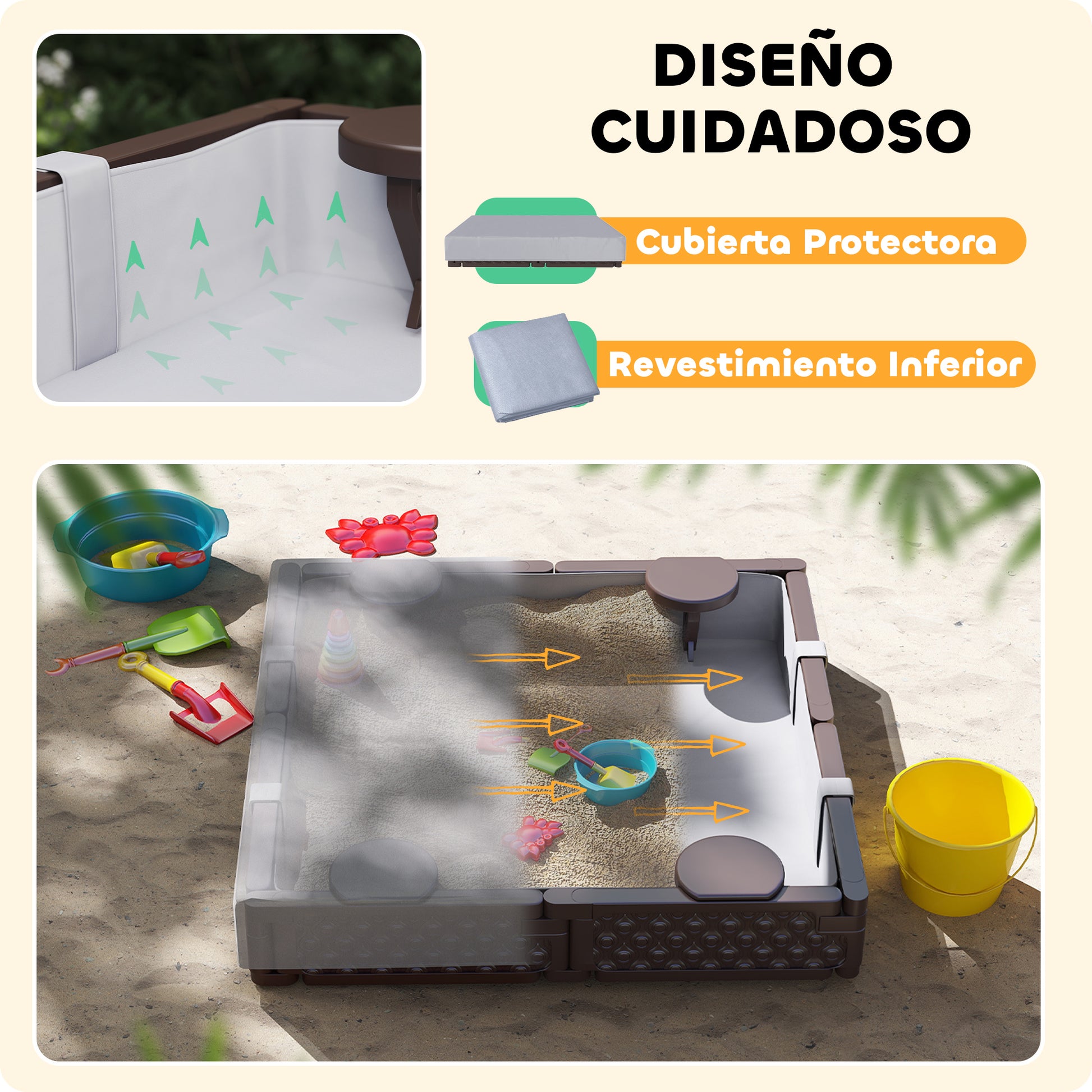 Sandbox for Children 18-60 Months Square Children's Sandbox with Cover and Seats Sandbox for Outdoor 119x119x22 cm Dark Brown