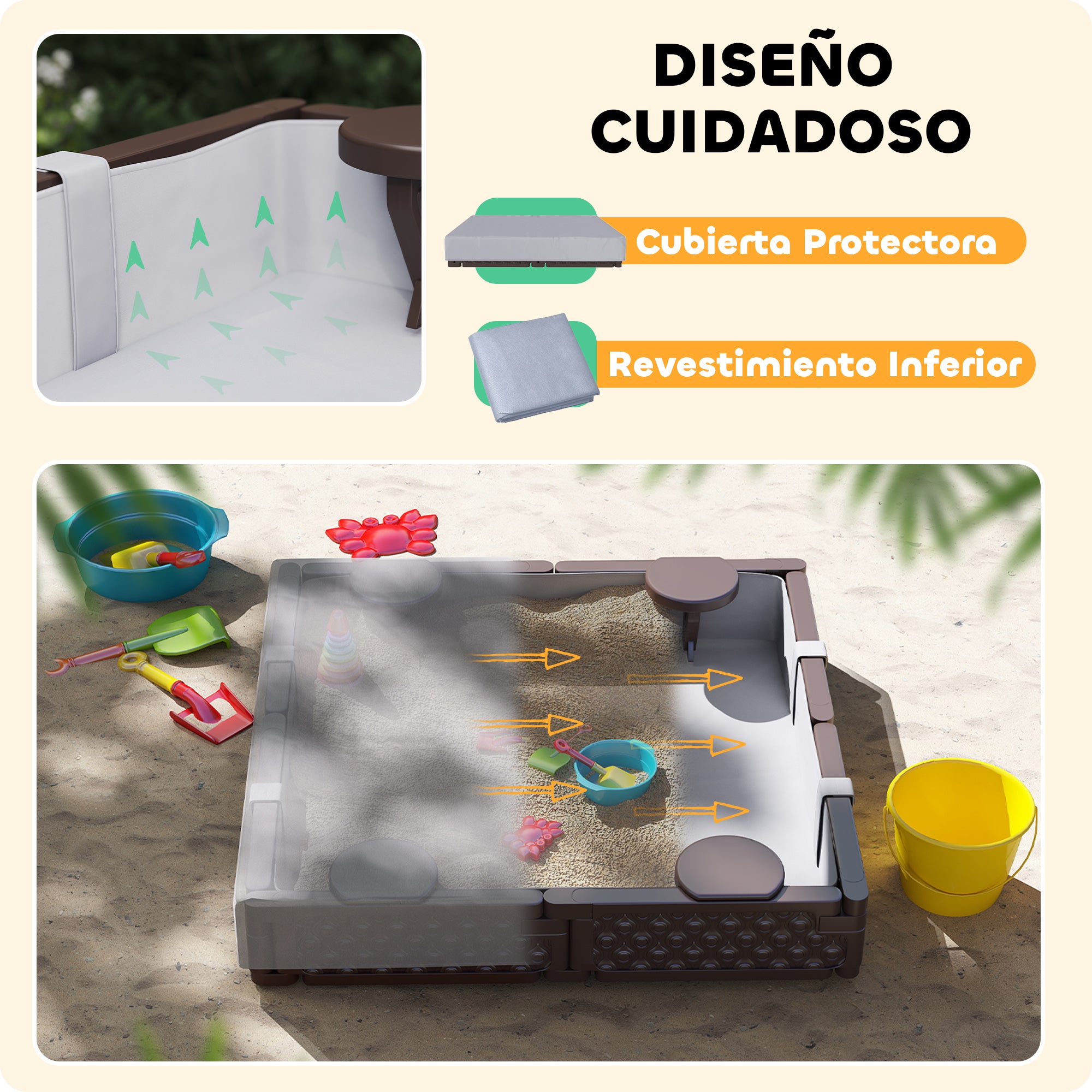 Sandbox for Children 18-60 Months Square Children's Sandbox with Cover and Seats Sandbox for Outdoor 119x119x22 cm Dark Brown