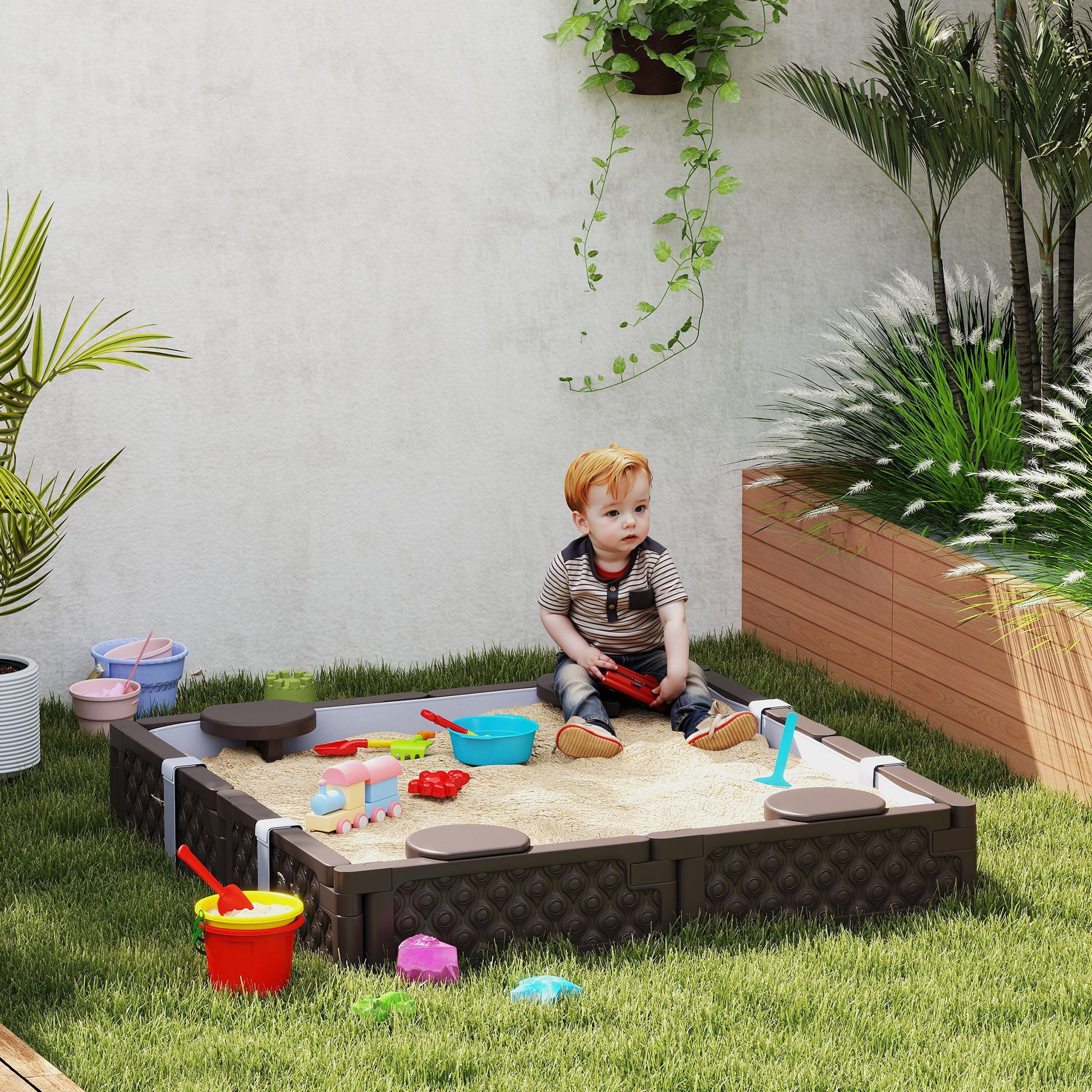 Sandbox for Children 18-60 Months Square Children's Sandbox with Cover and Seats Sandbox for Outdoor 119x119x22 cm Dark Brown