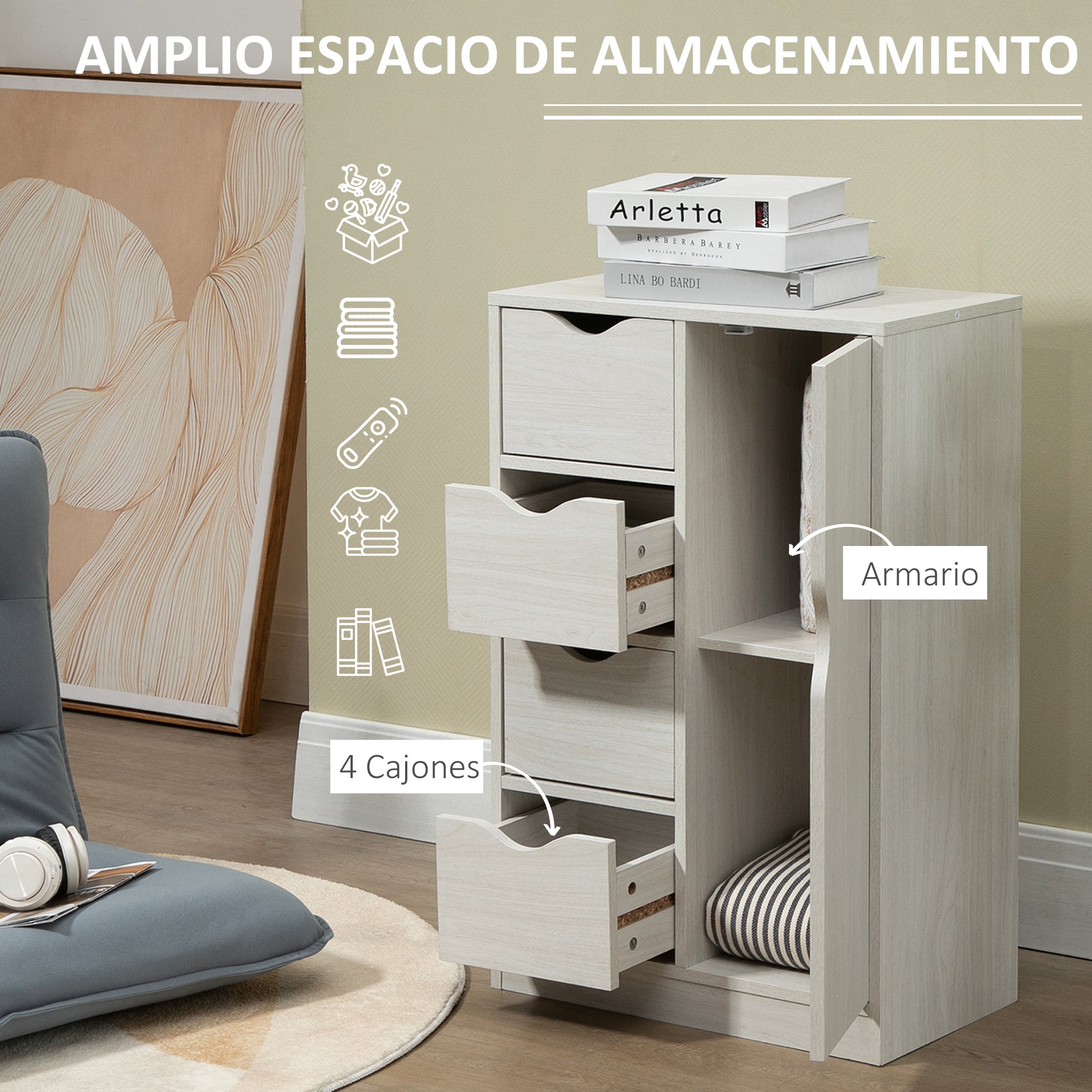 Living Room Sideboard with 4 Drawers, 1 Door, and Interior Shelf Multipurpose Storage Cabinet for Bathroom Bedroom Dining Room 54x29x83 cm White with Wood Grain