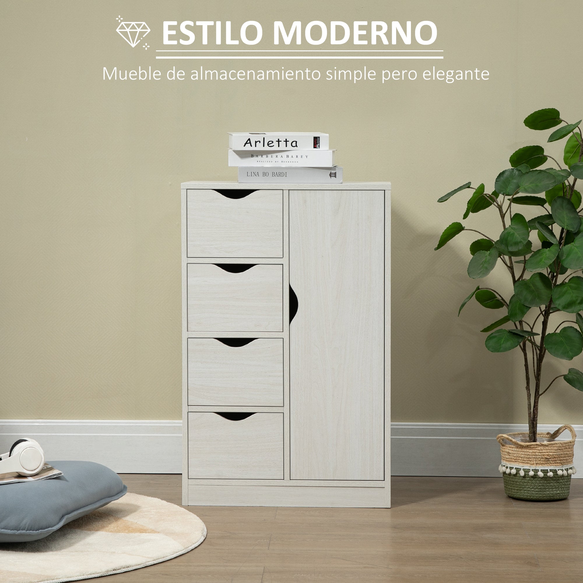 Living Room Sideboard with 4 Drawers, 1 Door, and Interior Shelf Multipurpose Storage Cabinet for Bathroom Bedroom Dining Room 54x29x83 cm White with Wood Grain