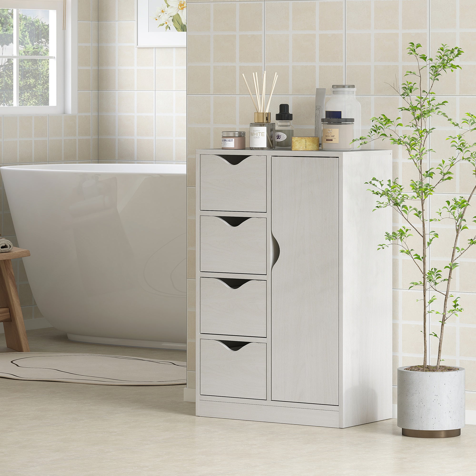 Living Room Sideboard with 4 Drawers, 1 Door, and Interior Shelf Multipurpose Storage Cabinet for Bathroom Bedroom Dining Room 54x29x83 cm White with Wood Grain