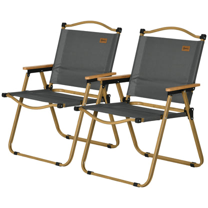 Camping Chair 2-Pack Foldable Garden Chair with Steel Frame, Woodgrain Look, Folding Chair for Pool, Beach, Oxford, Dark Grey
