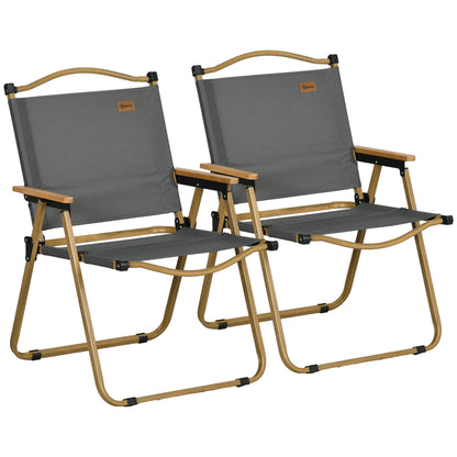 Camping Chair 2-Pack Foldable Garden Chair with Steel Frame, Woodgrain Look, Folding Chair for Pool, Beach, Oxford, Dark Grey