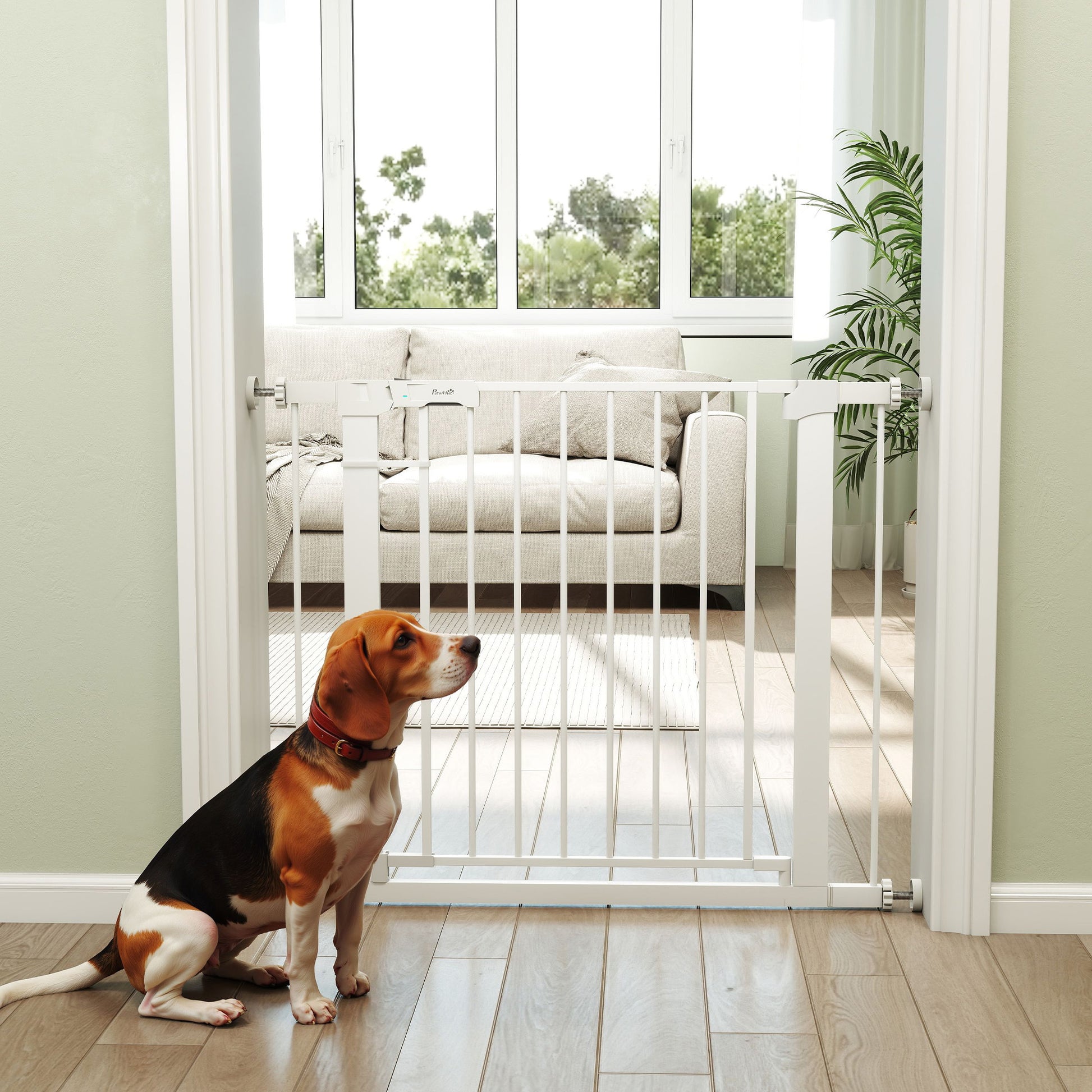 Door Guard Gate, Stair Gate, Pet Gate Without Drilling, 76-97 cm Adjustable Barrier, Auto-Close Baby Safety Gate, for Children and Pets, Steel, White