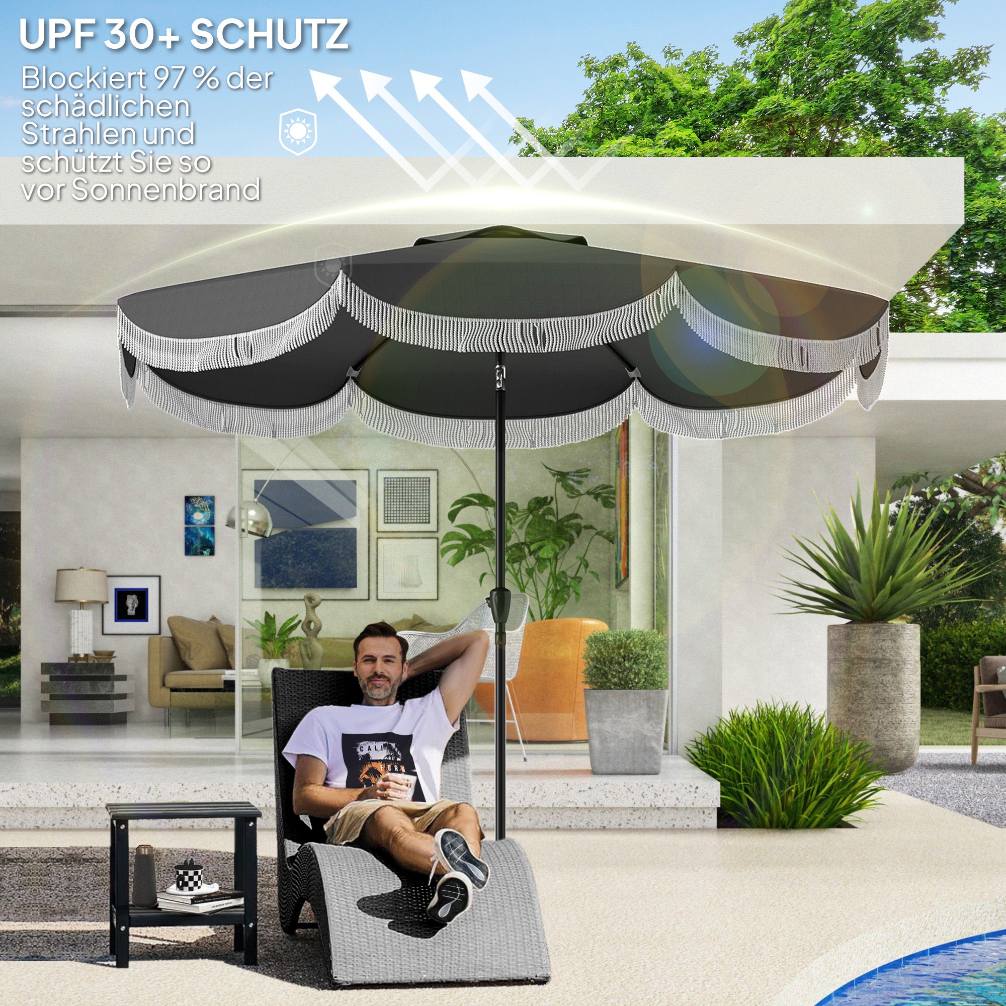 Umbrella Ø269 cm, UV 30+ Octagonal Balcony Umbrella Beach Umbrella Windproof Market Umbrella Crank Umbrella Sun Protection for Beach Balcony Garden, Dark Grey