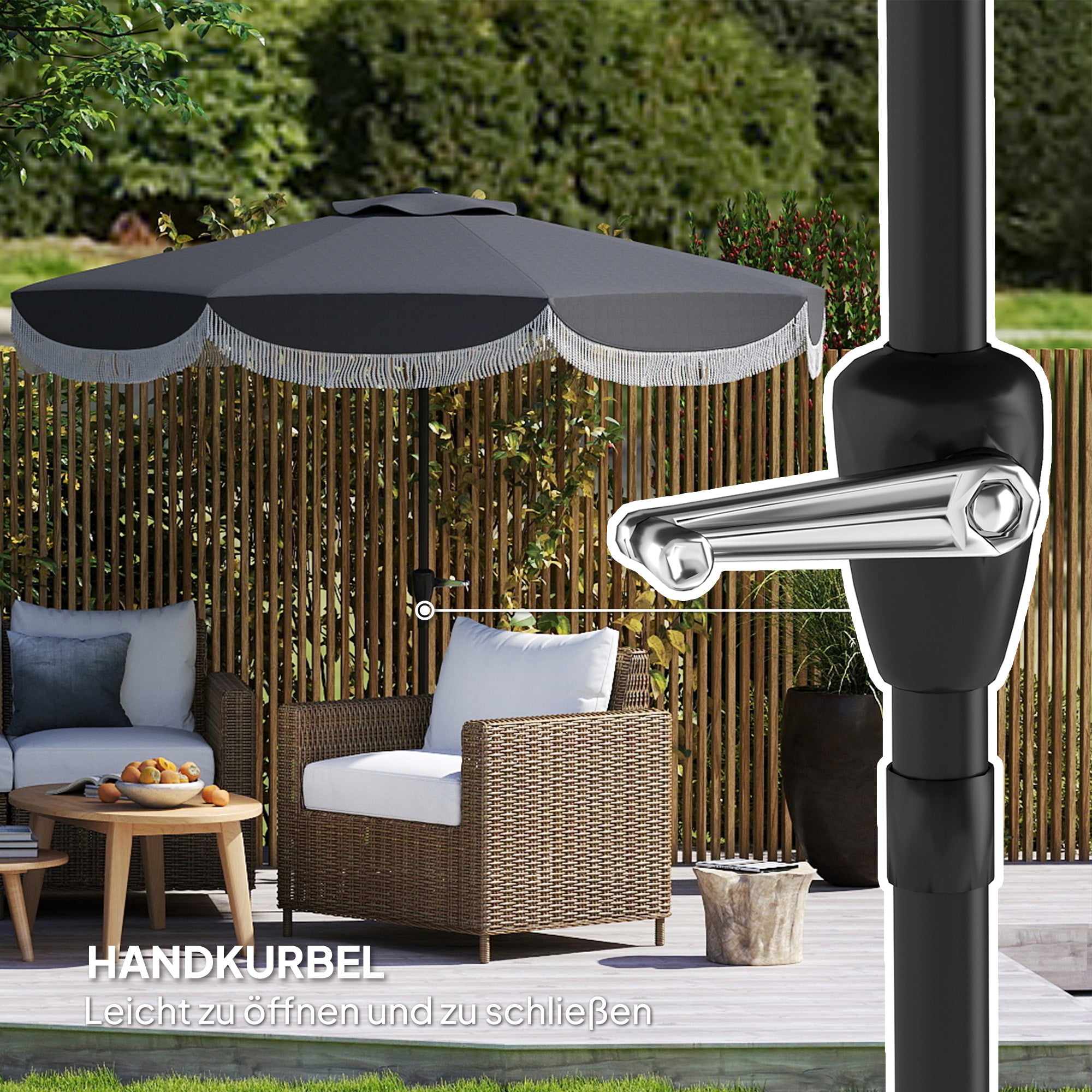 Umbrella Ø269 cm, UV 30+ Octagonal Balcony Umbrella Beach Umbrella Windproof Market Umbrella Crank Umbrella Sun Protection for Beach Balcony Garden, Dark Grey