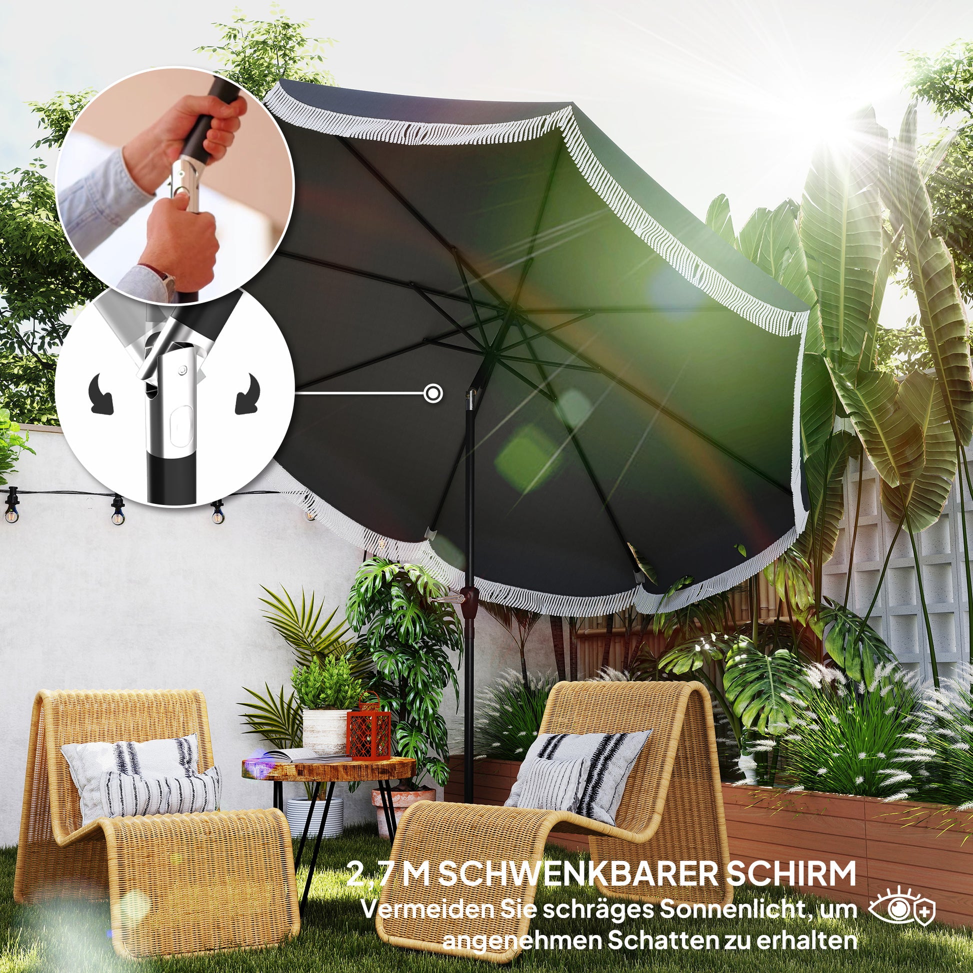 Umbrella Ø269 cm, UV 30+ Octagonal Balcony Umbrella Beach Umbrella Windproof Market Umbrella Crank Umbrella Sun Protection for Beach Balcony Garden, Dark Grey