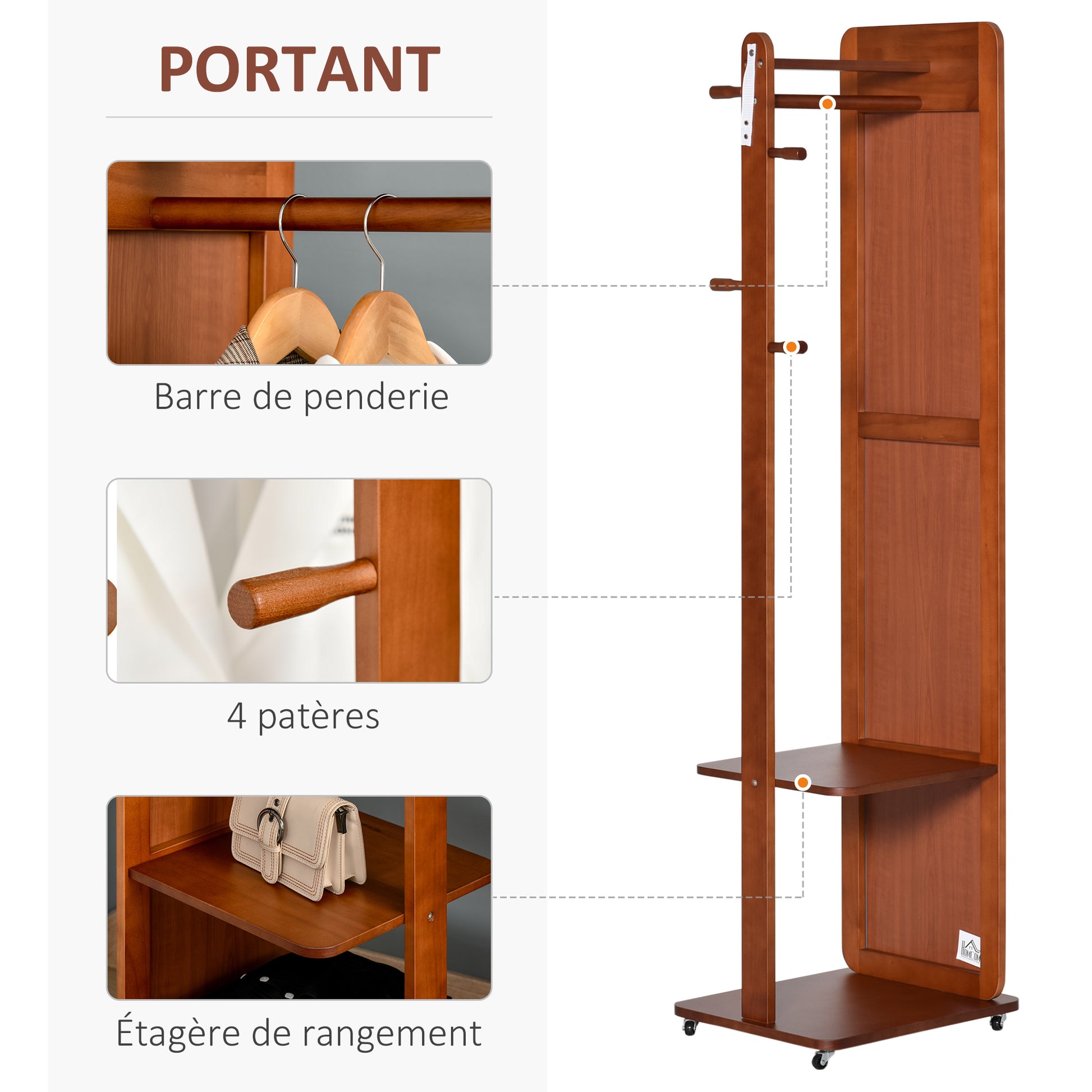 Freestanding Mirror with Wheels - Hanging Rail, 4 Hooks Shelf MDF Walnut Finish