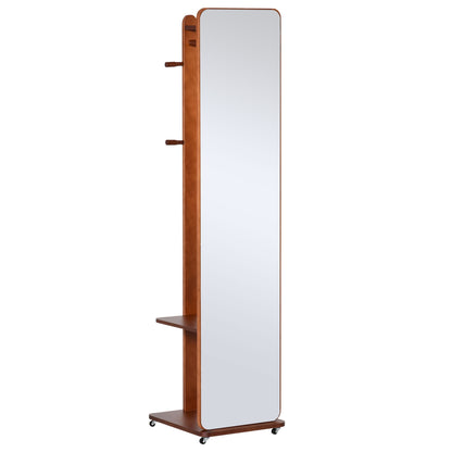 Freestanding Mirror with Wheels - Hanging Rail, 4 Hooks Shelf MDF Walnut Finish