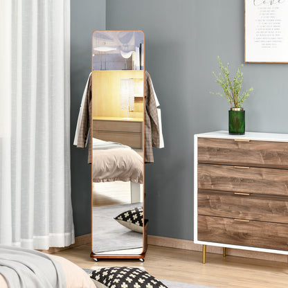 Freestanding Mirror with Wheels - Hanging Rail, 4 Hooks Shelf MDF Walnut Finish