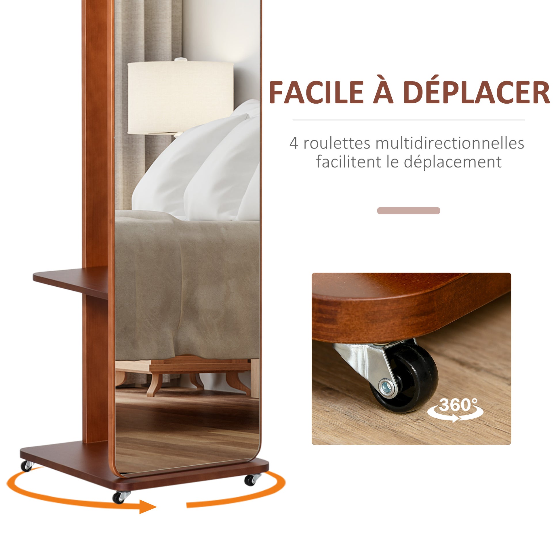 Freestanding Mirror with Wheels - Hanging Rail, 4 Hooks Shelf MDF Walnut Finish