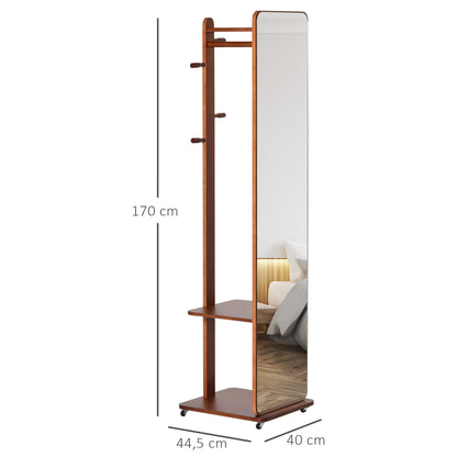 Freestanding Mirror with Wheels - Hanging Rail, 4 Hooks Shelf MDF Walnut Finish