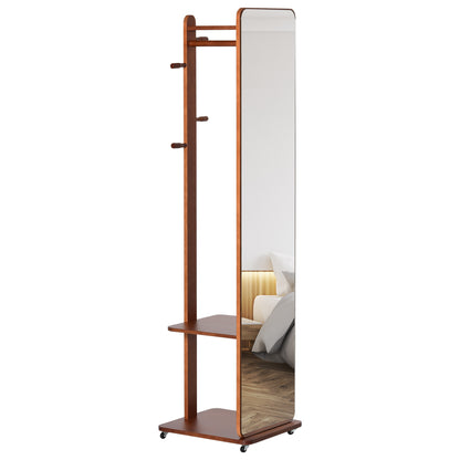 Freestanding Mirror with Wheels - Hanging Rail, 4 Hooks Shelf MDF Walnut Finish
