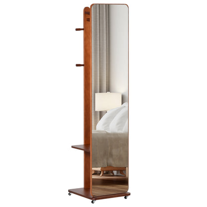 Freestanding Mirror with Wheels - Hanging Rail, 4 Hooks Shelf MDF Walnut Finish