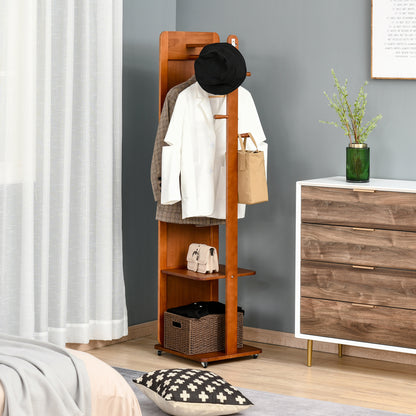 Freestanding Mirror with Wheels - Hanging Rail, 4 Hooks Shelf MDF Walnut Finish
