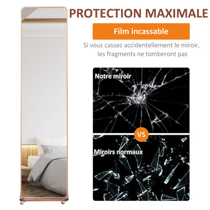 Freestanding Mirror with Wheels - Hanging Rail, 4 Hooks Shelf MDF Walnut Finish