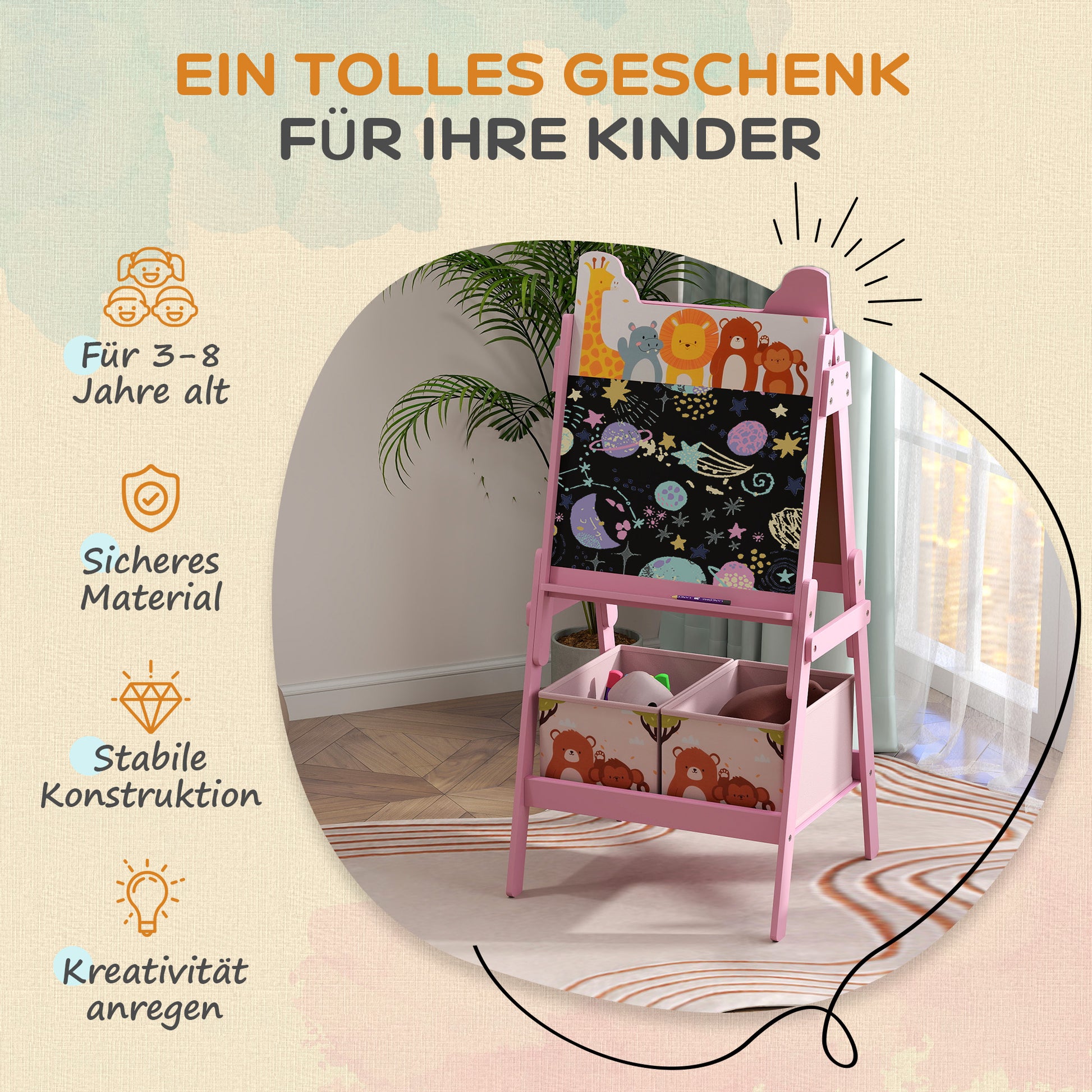 2-in-1 Children's Easel, Double-Sided Kids Easel, Easel with Chalkboard, Whiteboard, Storage Boxes, for Kids 3-8 Years, Pink