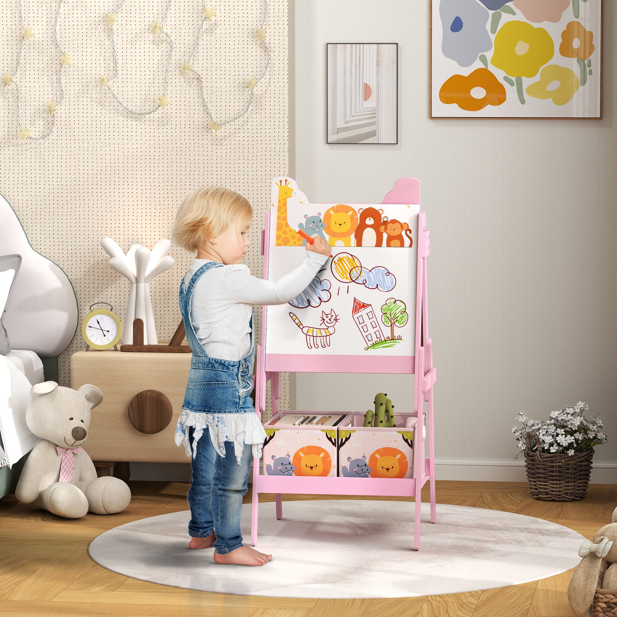 2-in-1 Children's Easel, Double-Sided Kids Easel, Easel with Chalkboard, Whiteboard, Storage Boxes, for Kids 3-8 Years, Pink