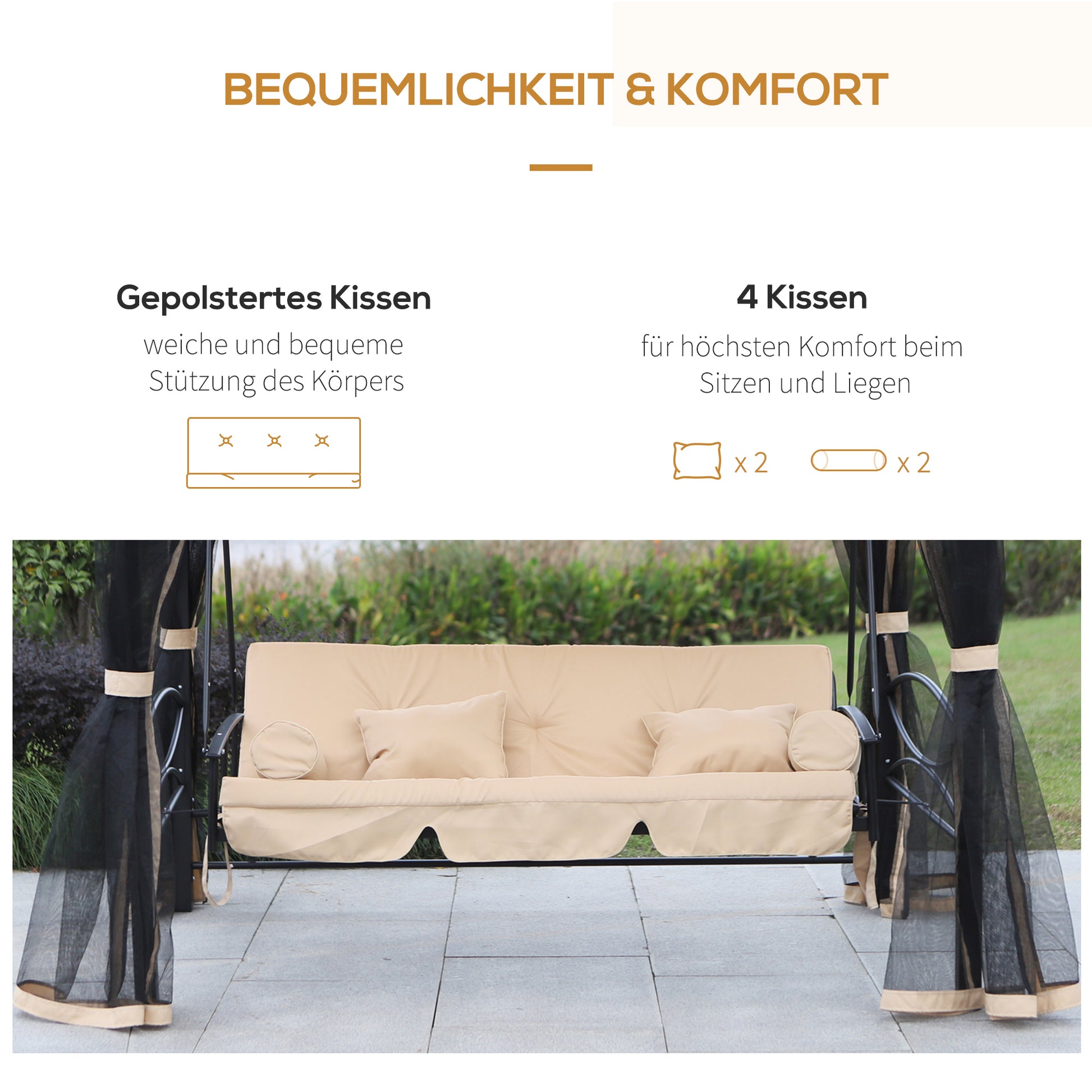 Hollywood Swing Garden Swing Swing with Side Walls 3-Seater Beige 256 x 172 x 248 cm