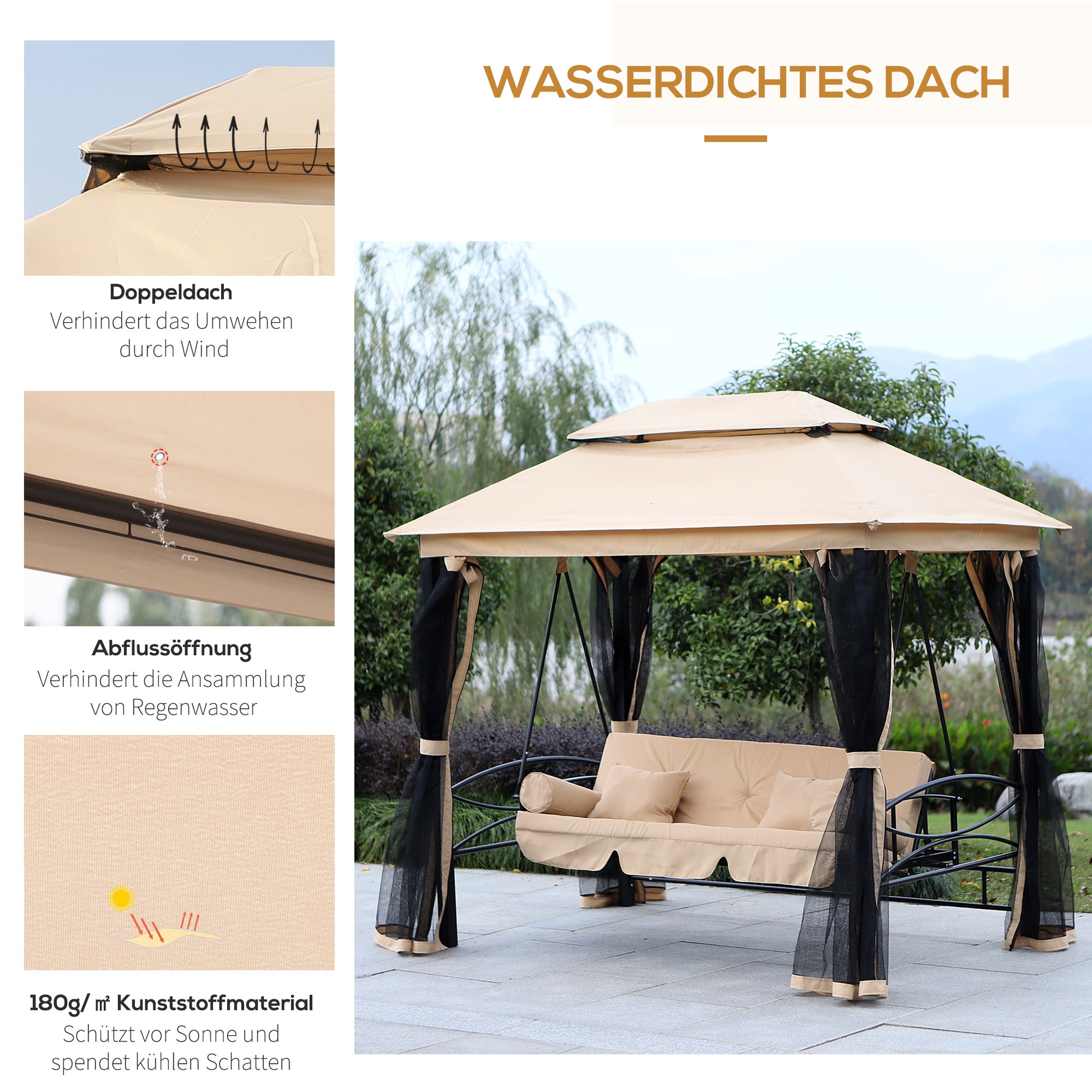 Hollywood Swing Garden Swing Swing with Side Walls 3-Seater Beige 256 x 172 x 248 cm