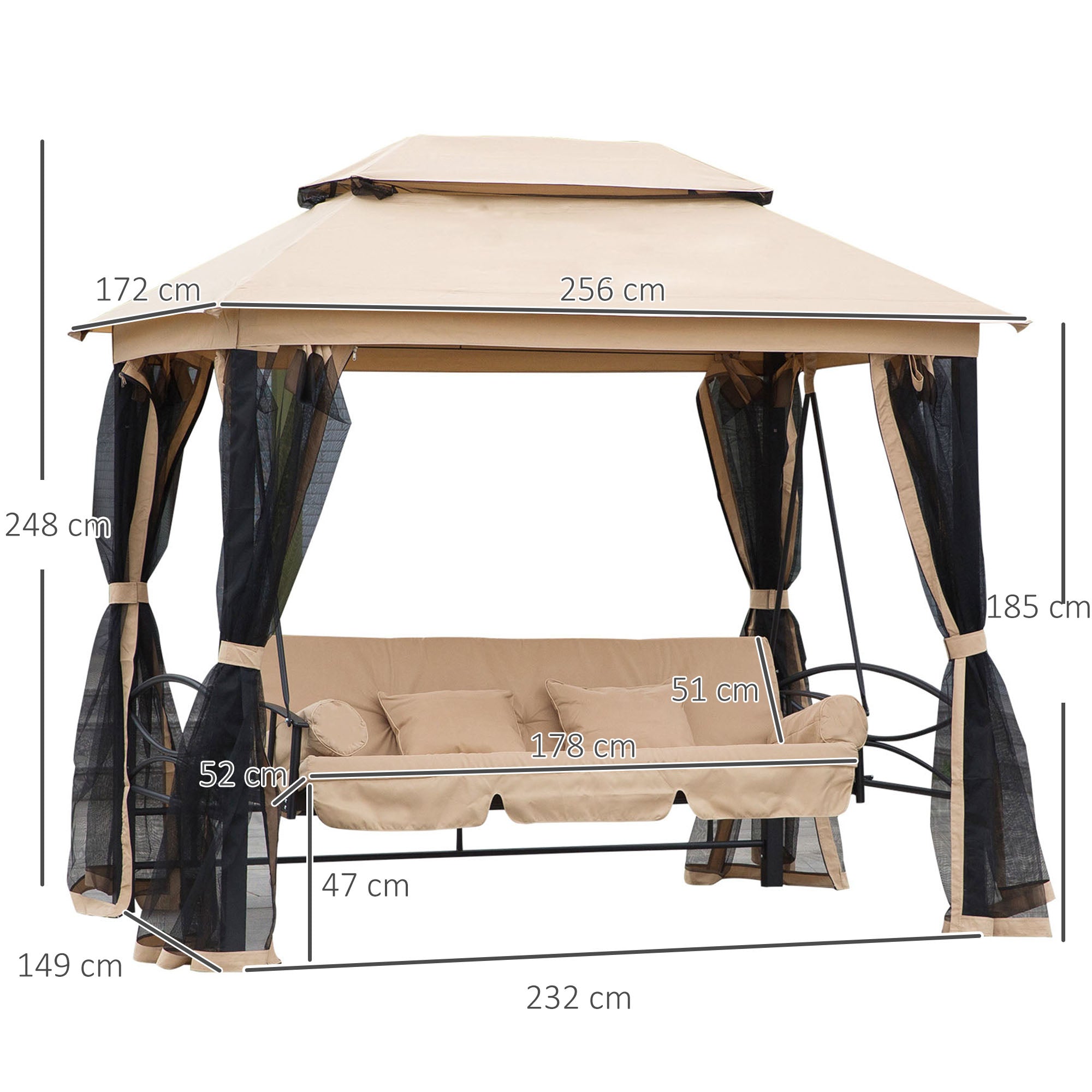 Hollywood Swing Garden Swing Swing with Side Walls 3-Seater Beige 256 x 172 x 248 cm