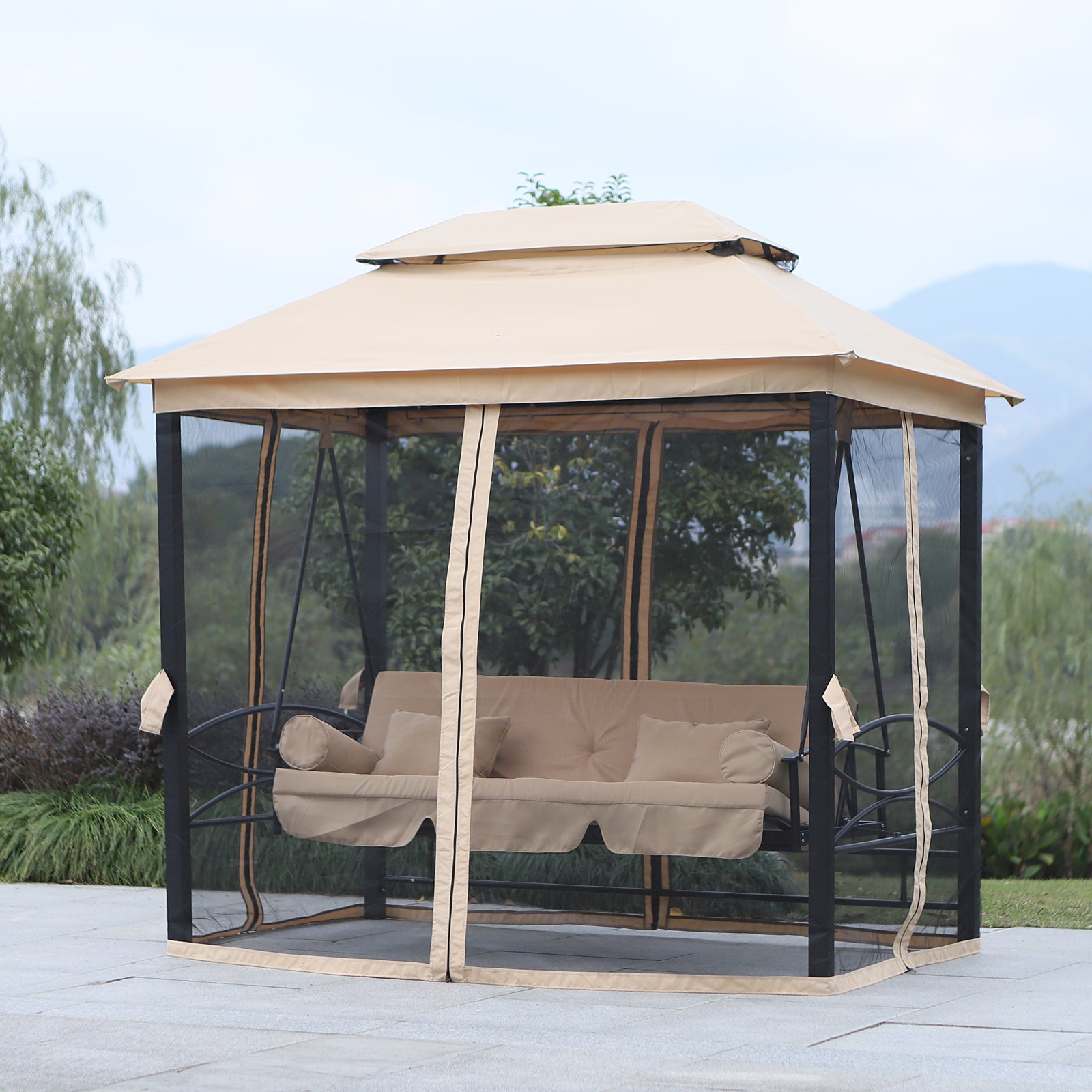 Hollywood Swing Garden Swing Swing with Side Walls 3-Seater Beige 256 x 172 x 248 cm