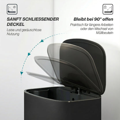 50L (13.2 gal) Kitchen Step Trash Can with Stay-Open Function, Soft-Close Lid, Foot Pedal – Stainless Steel, Black, 17.8 x 14.4 x 24.6 in (45.1 x 36.5 x 62.6 cm)
