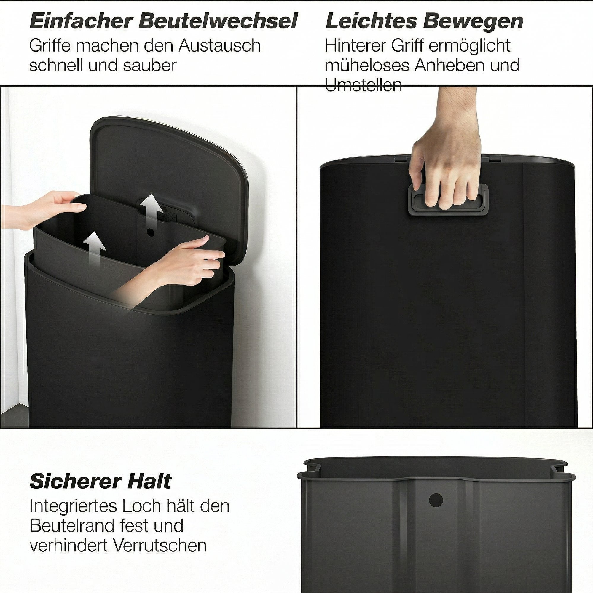 50L (13.2 gal) Kitchen Step Trash Can with Stay-Open Function, Soft-Close Lid, Foot Pedal – Stainless Steel, Black, 17.8 x 14.4 x 24.6 in (45.1 x 36.5 x 62.6 cm)