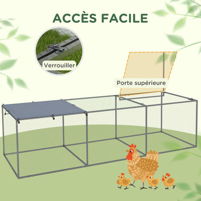 Outdoor Chicken Coop Rabbit Hutch Enclosure 3 m² for Small Animals 3 x 1 x 0.8m Galvanized Steel, 1 Upper Door, Covered Space Tarp