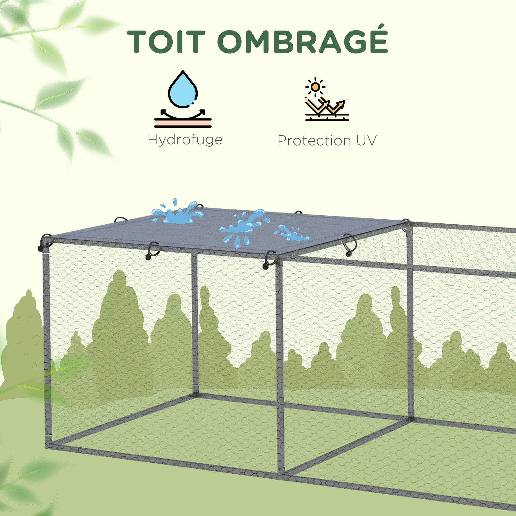 Outdoor Chicken Coop Rabbit Hutch Enclosure 3 m² for Small Animals 3 x 1 x 0.8m Galvanized Steel, 1 Upper Door, Covered Space Tarp