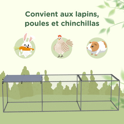 Outdoor Chicken Coop Rabbit Hutch Enclosure 3 m² for Small Animals 3 x 1 x 0.8m Galvanized Steel, 1 Upper Door, Covered Space Tarp