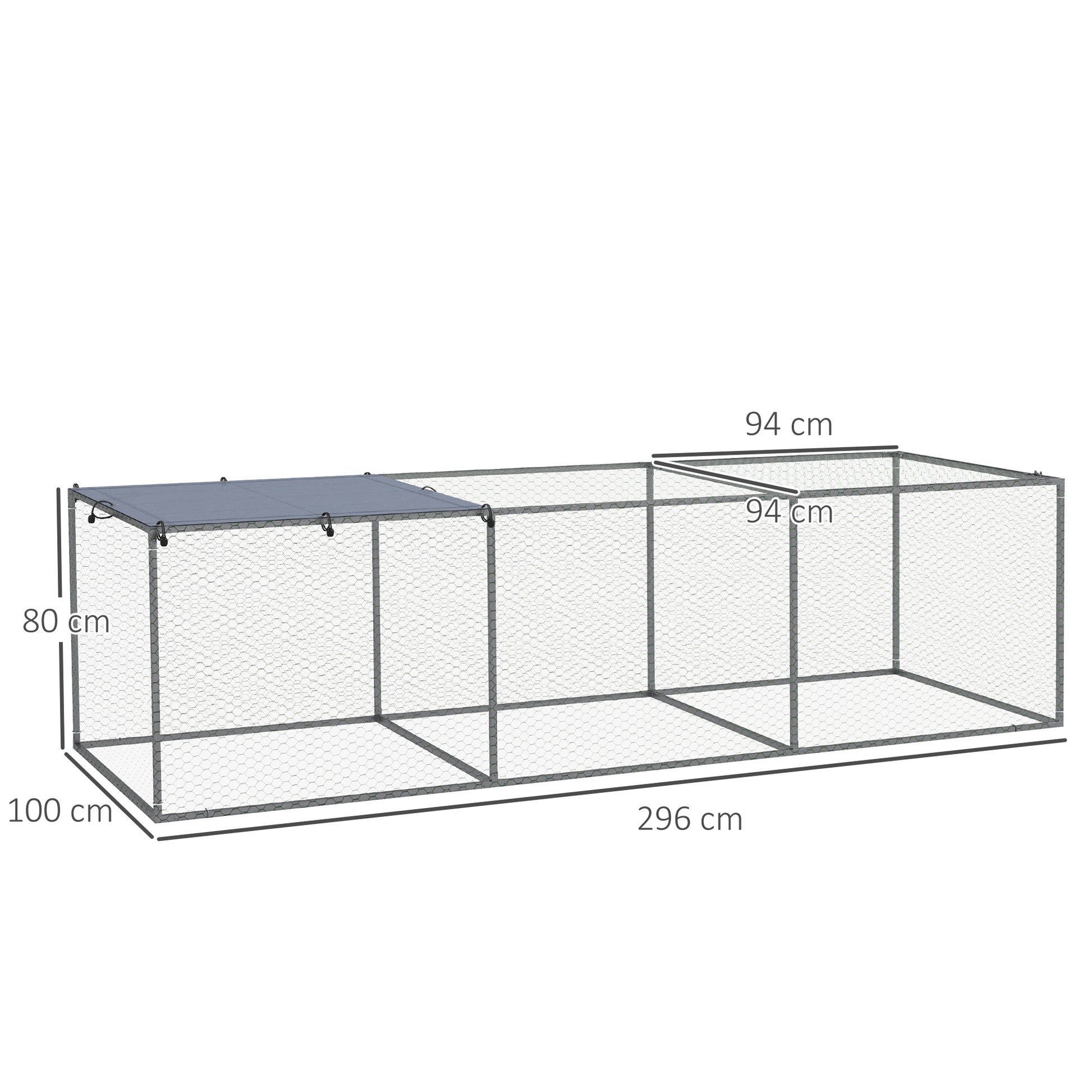 Outdoor Chicken Coop Rabbit Hutch Enclosure 3 m² for Small Animals 3 x 1 x 0.8m Galvanized Steel, 1 Upper Door, Covered Space Tarp