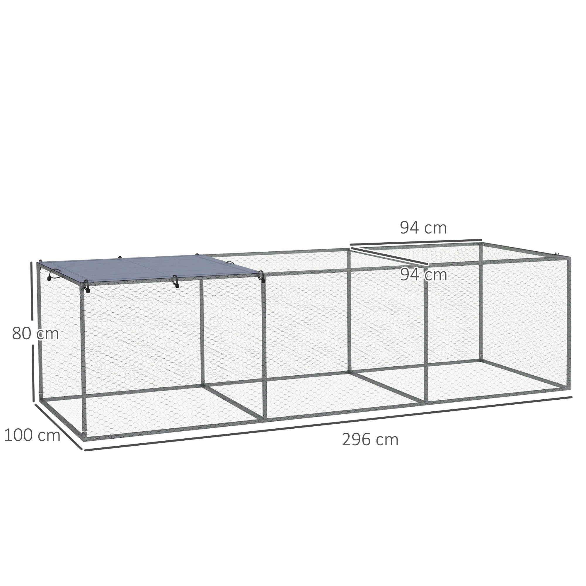 Outdoor Chicken Coop Rabbit Hutch Enclosure 3 m² for Small Animals 3 x 1 x 0.8m Galvanized Steel, 1 Upper Door, Covered Space Tarp