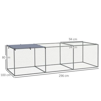 Outdoor Chicken Coop Rabbit Hutch Enclosure 3 m² for Small Animals 3 x 1 x 0.8m Galvanized Steel, 1 Upper Door, Covered Space Tarp