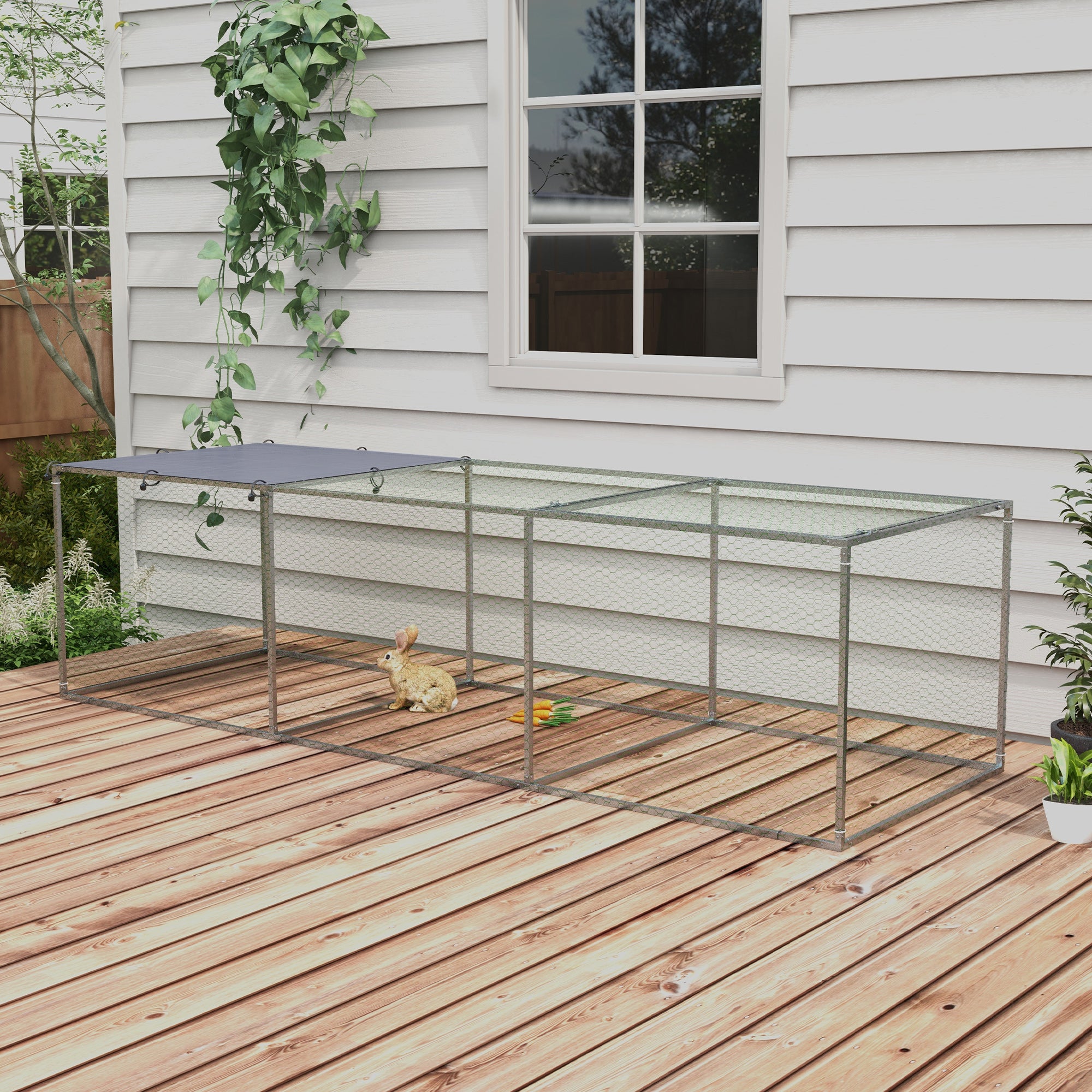 Outdoor Chicken Coop Rabbit Hutch Enclosure 3 m² for Small Animals 3 x 1 x 0.8m Galvanized Steel, 1 Upper Door, Covered Space Tarp