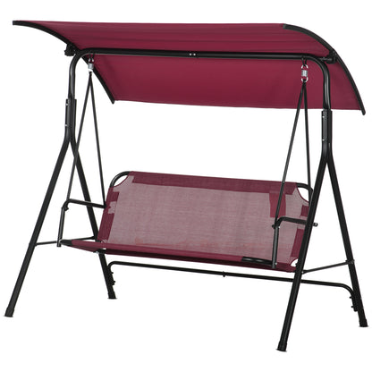 3-Seater Garden Swing with Adjustable Sun Canopy, Breathable Texteline Seat and Metal Frame, Holds Up to 240 kg, 172x110x153 cm, Wine Red
