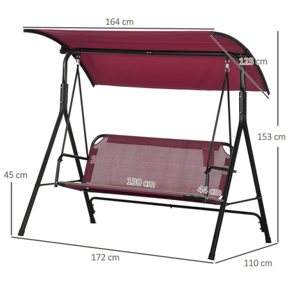 3-Seater Garden Swing with Adjustable Sun Canopy, Breathable Texteline Seat and Metal Frame, Holds Up to 240 kg, 172x110x153 cm, Wine Red