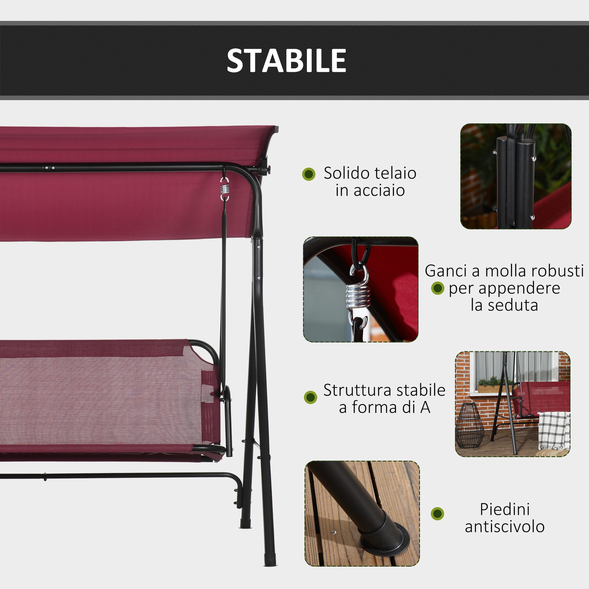3-Seater Garden Swing with Adjustable Sun Canopy, Breathable Texteline Seat and Metal Frame, Holds Up to 240 kg, 172x110x153 cm, Wine Red