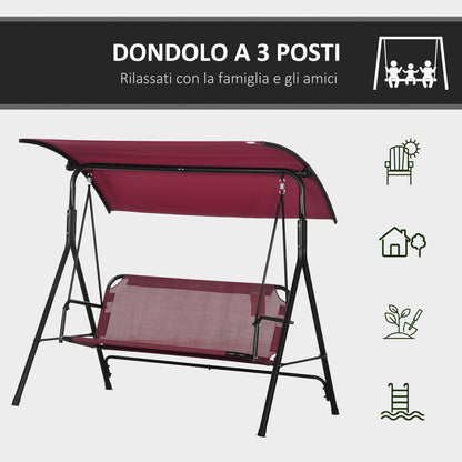 3-Seater Garden Swing with Adjustable Sun Canopy, Breathable Texteline Seat and Metal Frame, Holds Up to 240 kg, 172x110x153 cm, Wine Red