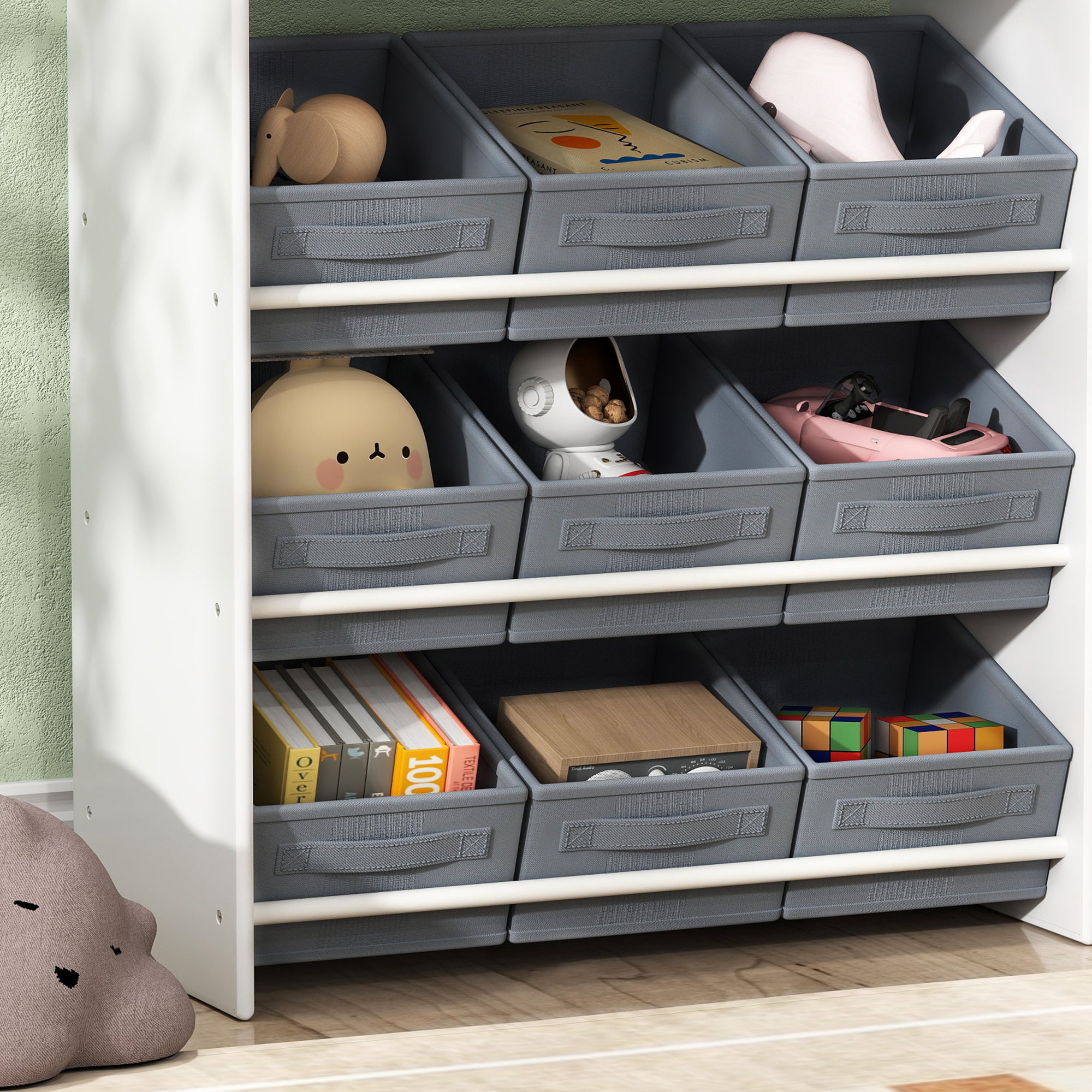 Children's Shelf Toy Shelf with 11 Fabric Boxes, Upper Compartments, 3 Stickers, Children's Bookshelf with Cupboard for Children's Room, Kindergarten, 105 x 30 x 80 cm, White