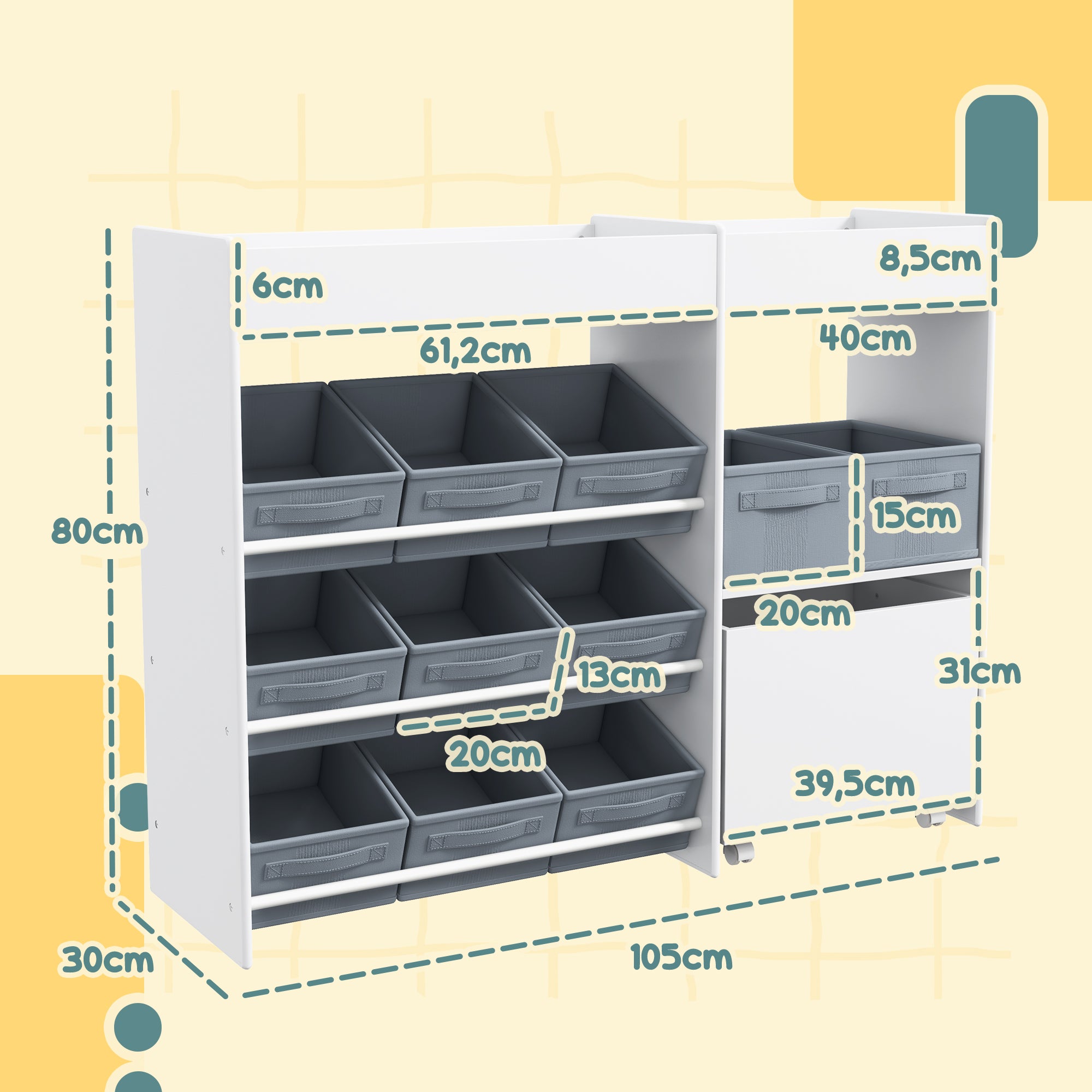 Children's Shelf Toy Shelf with 11 Fabric Boxes, Upper Compartments, 3 Stickers, Children's Bookshelf with Cupboard for Children's Room, Kindergarten, 105 x 30 x 80 cm, White