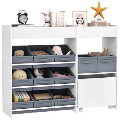 Children's Shelf Toy Shelf with 11 Fabric Boxes, Upper Compartments, 3 Stickers, Children's Bookshelf with Cupboard for Children's Room, Kindergarten, 105 x 30 x 80 cm, White